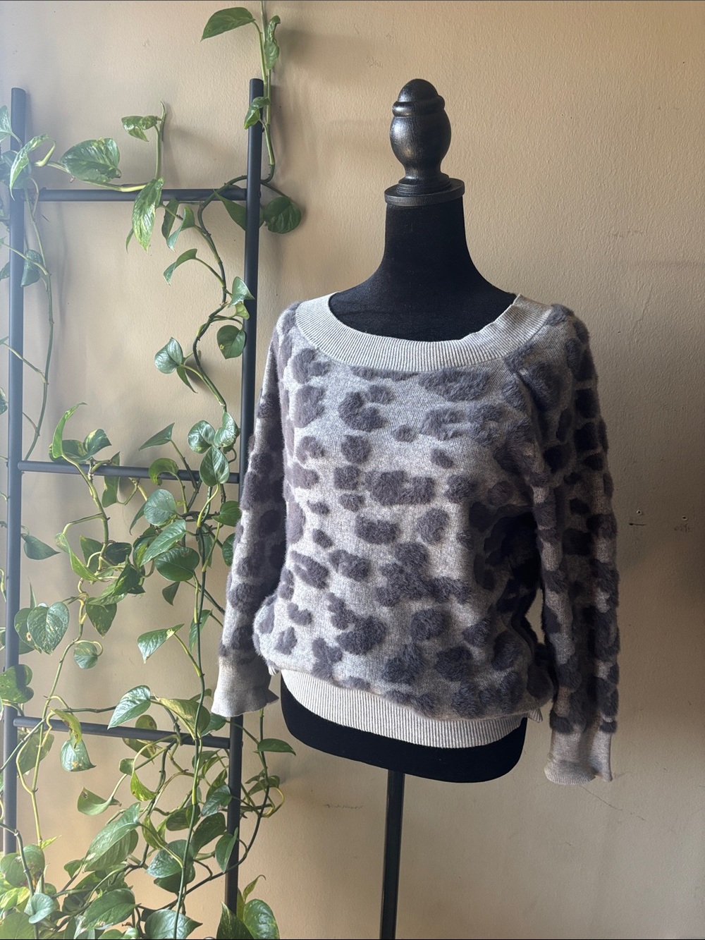 LOFT Grey and Charcoal Leopard-Print Scoop Neck Sweater